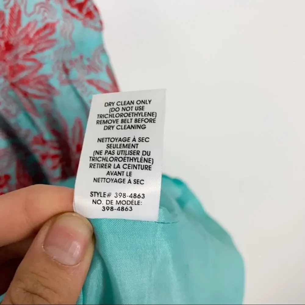 Nanette Lepore Teal & Red 100% Silk Peplum Waist Palm Print Dress Size 4 - Picture 12 of 13